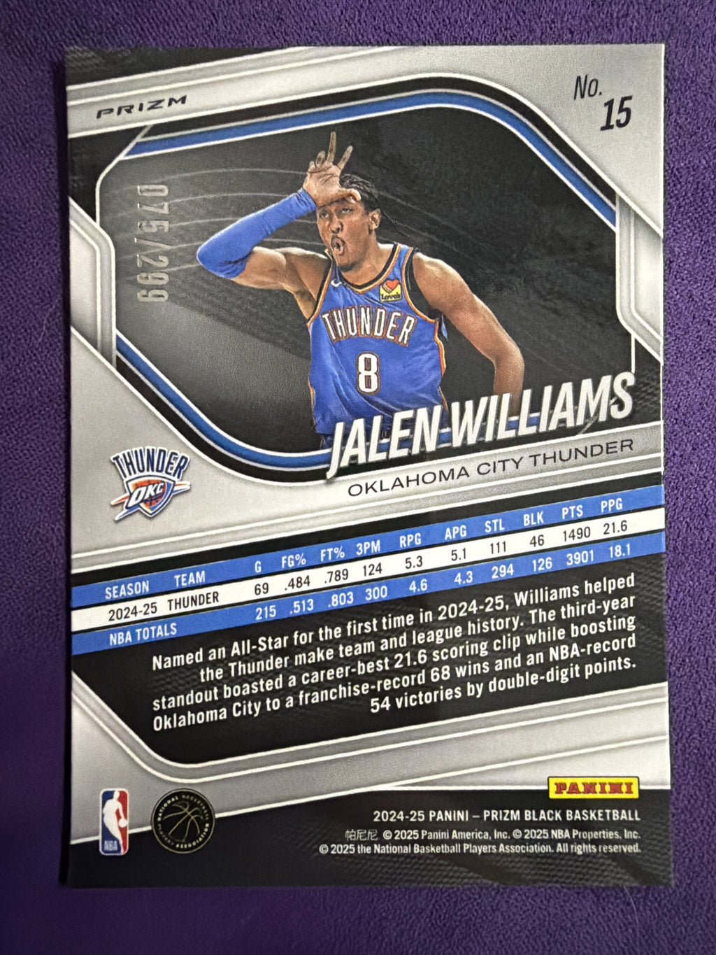 2024-25 Panini Prizm Black Jalen Williams Red Prizms /299 #15 OKC Thunder