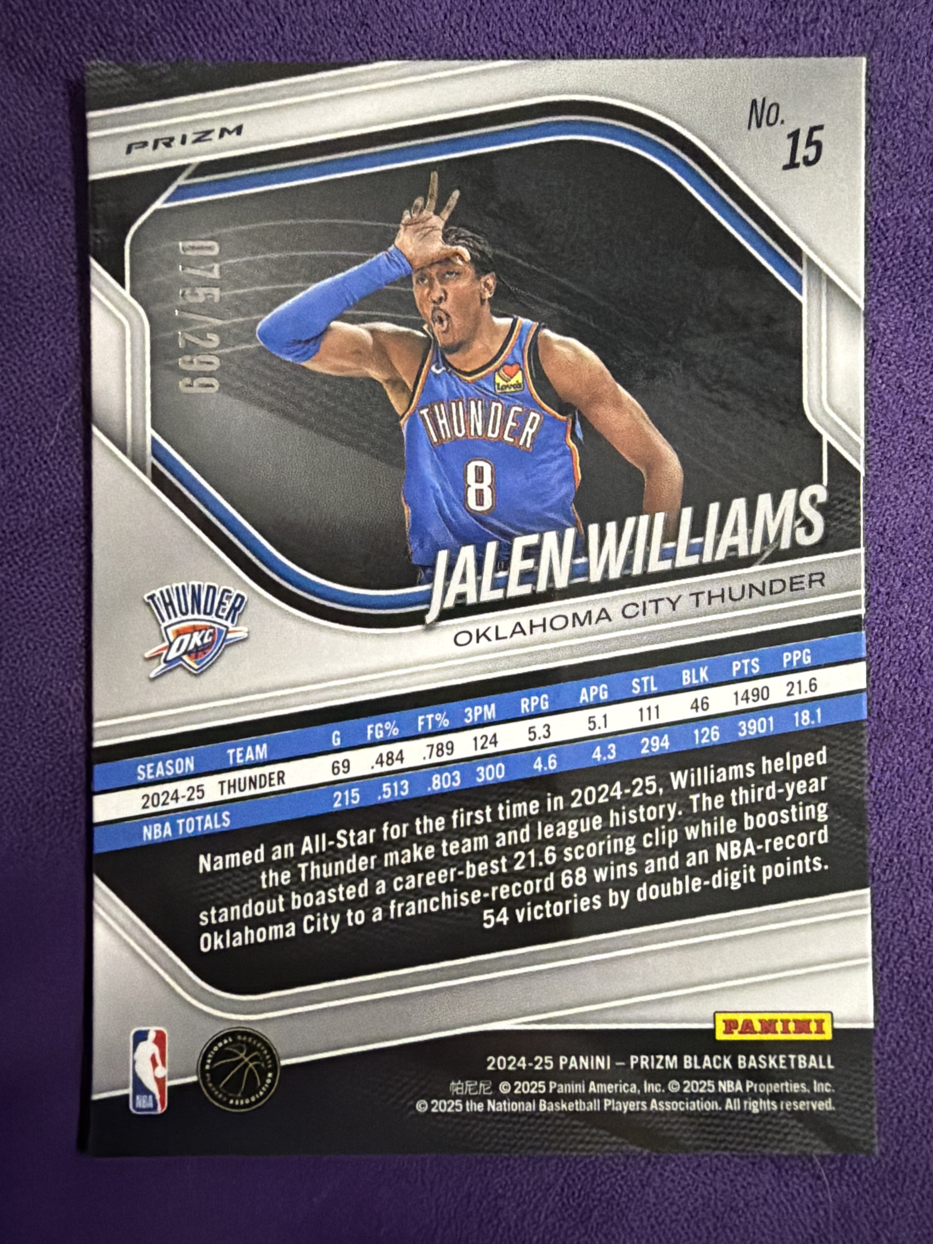 2024-25 Panini Prizm Black Jalen Williams Red Prizms /299 #15 OKC Thunder