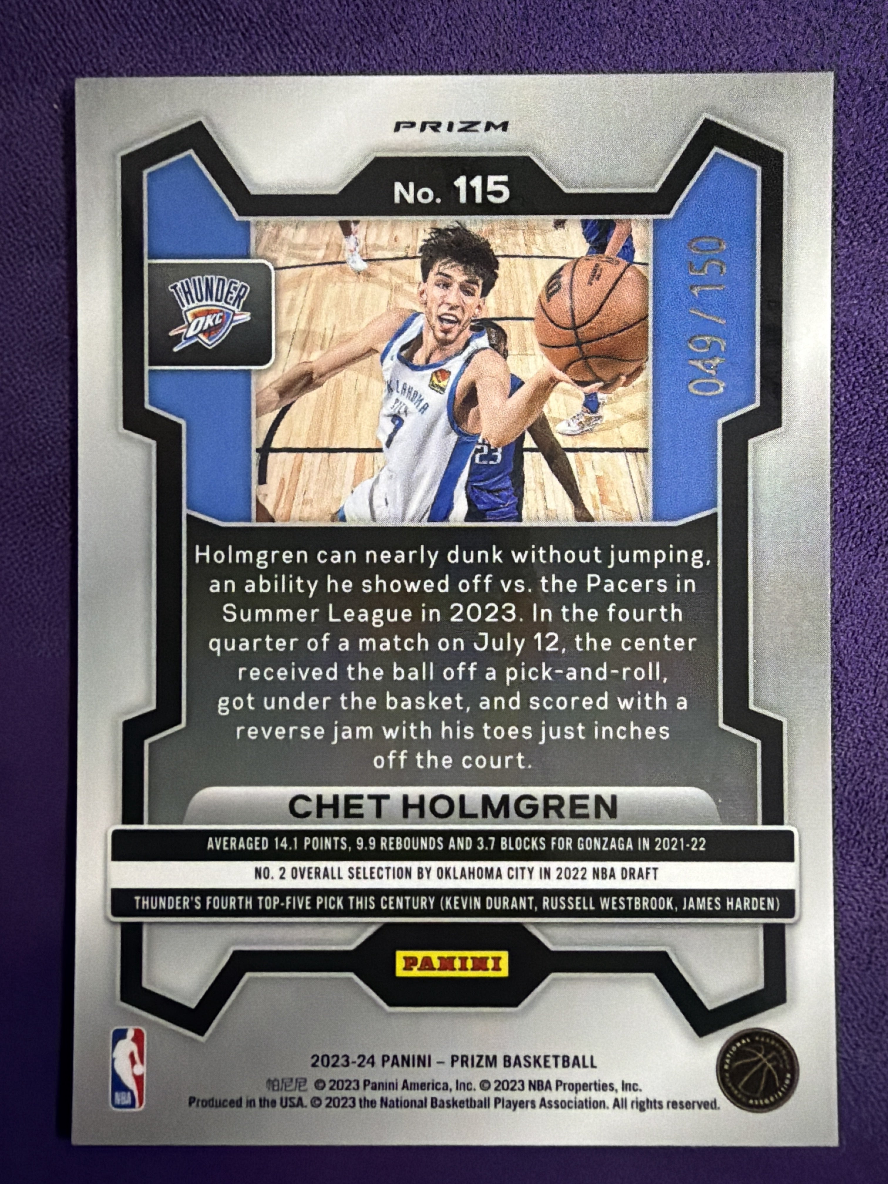 2023-24 Panini Prizm Chet Holmgren Fast Break Blue Disco Prizm /150 #115 Thunder