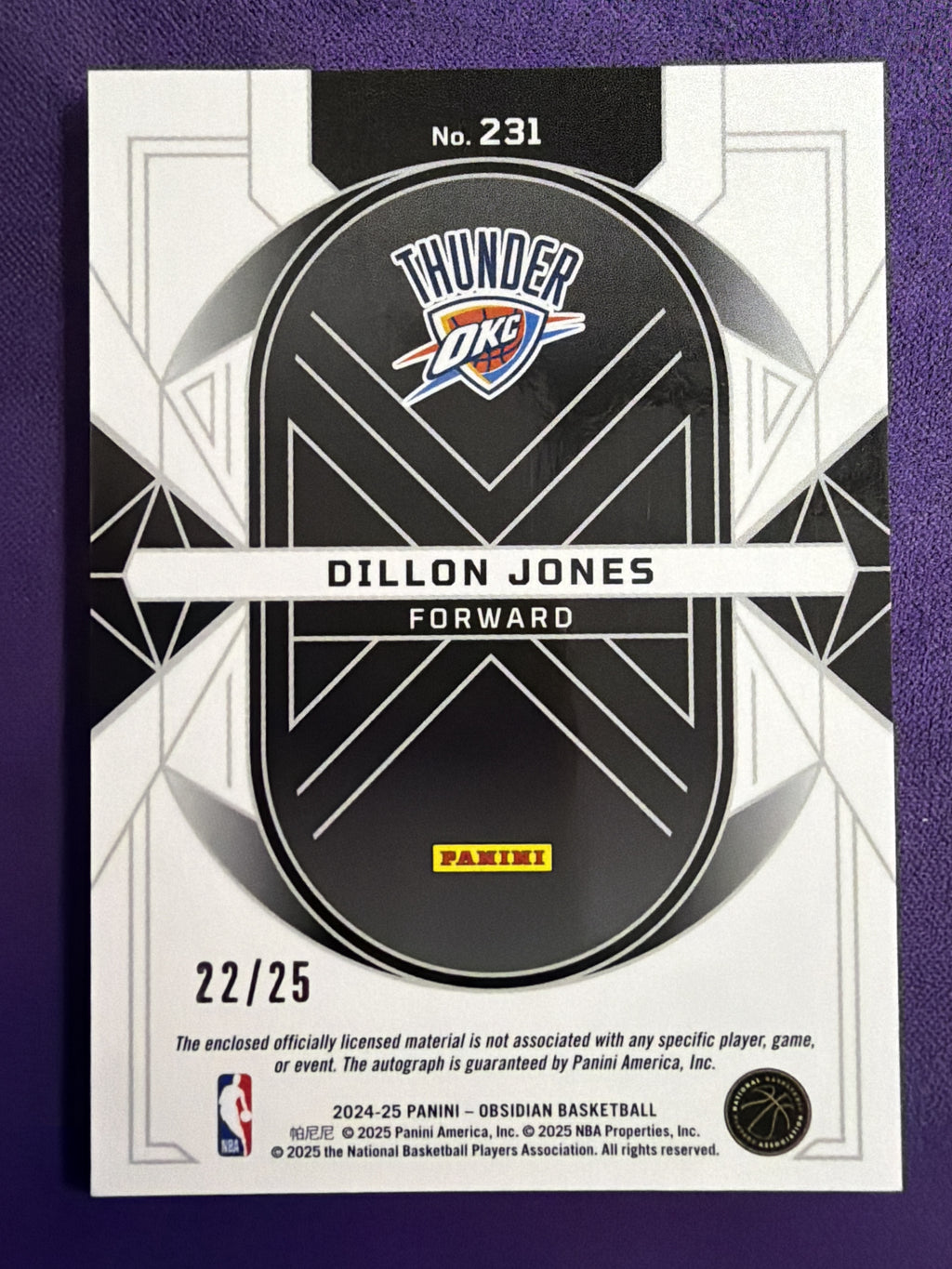 2024-25 Panini Obsidian Dillon Jones RC Patch Auto Green Flood /25 #231 Thunder