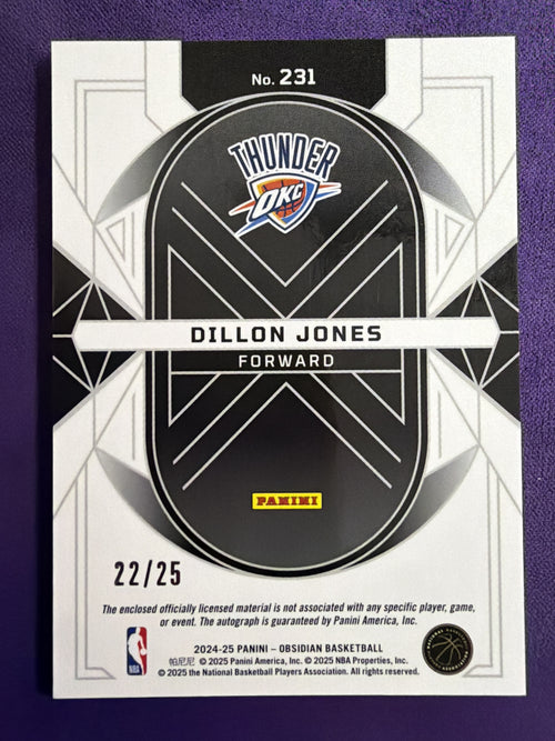 2024-25 Panini Obsidian Dillon Jones RC Patch Auto Green Flood /25 #231 Thunder