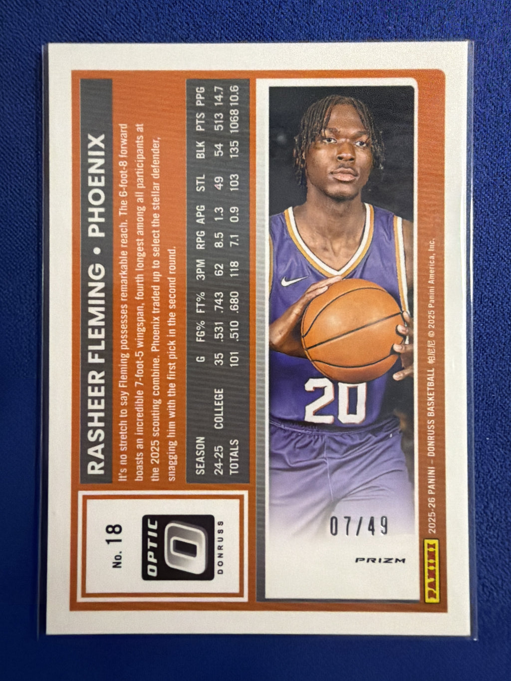 2025-26 Donruss Optic Blue Rasheer Fleming RC #18 /49 SP Suns Rookie