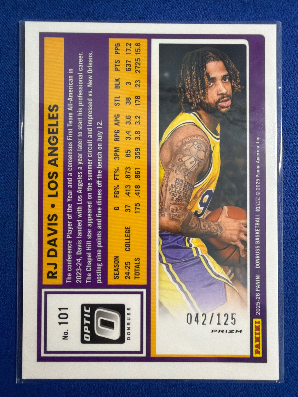 2025-26 Donruss RJ Davis Optic Mojo Prizm /125 #101 Rated Rookie Lakers
