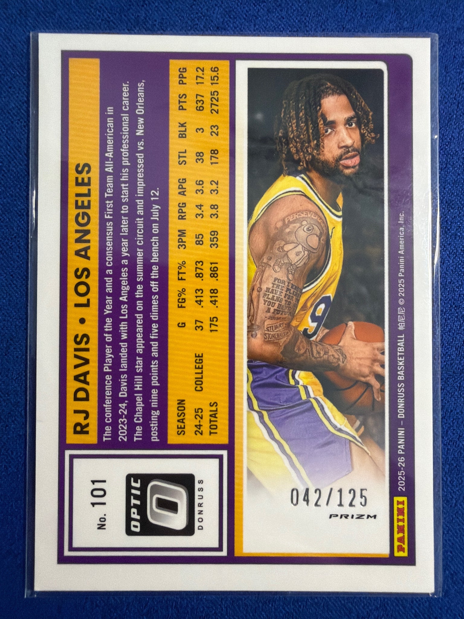 2025-26 Donruss RJ Davis Optic Mojo Prizm /125 #101 Rated Rookie Lakers