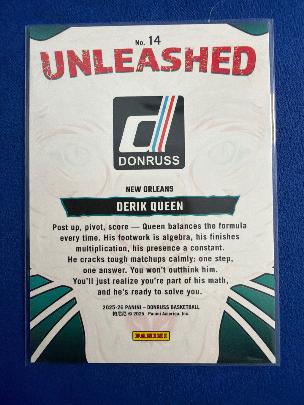 2025-26 Donruss Derik Queen Unleashed Blue Cubic #/149 #14 Rated Rookie Pelicans