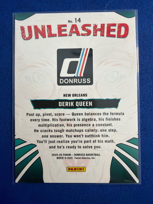 2025-26 Donruss Derik Queen Unleashed Blue Cubic #/149 #14 Rated Rookie Pelicans