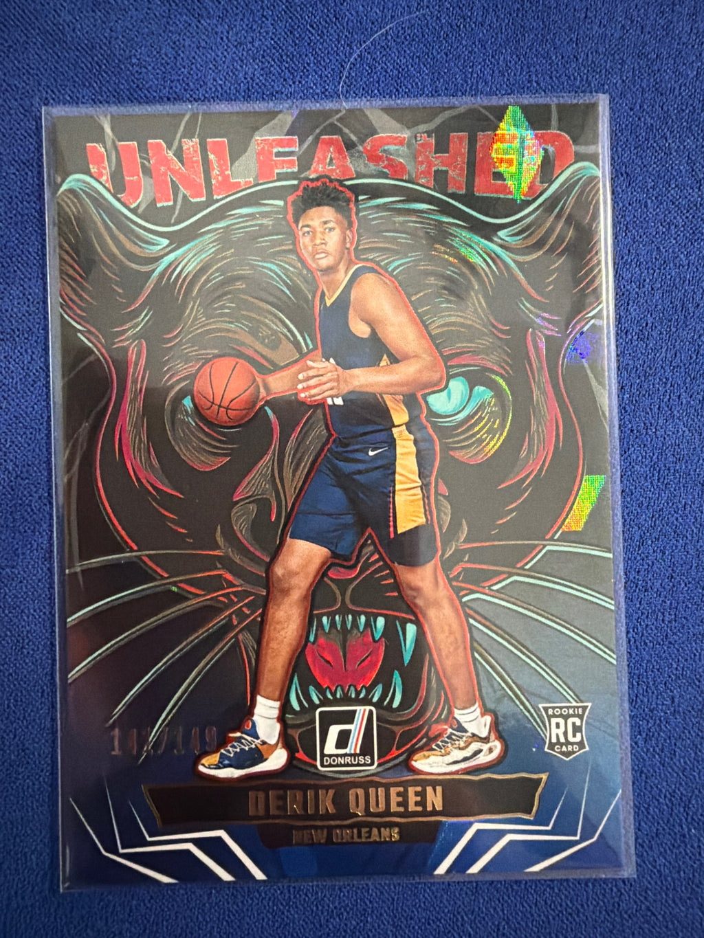 2025-26 Donruss Derik Queen Unleashed Blue Cubic #/149 #14 Rated Rookie Pelicans