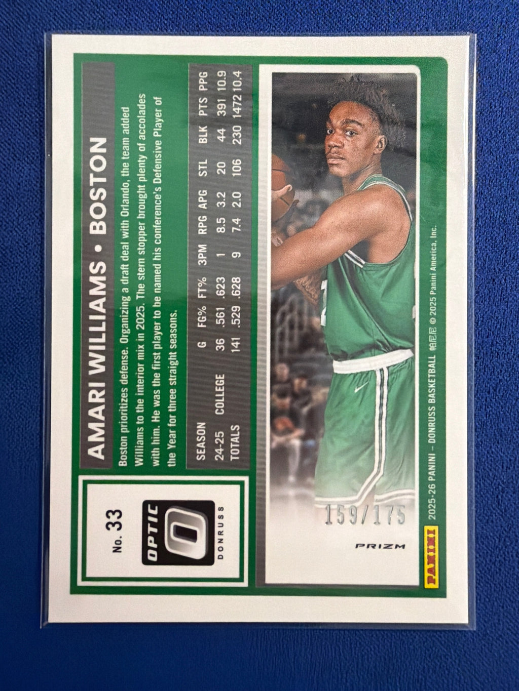 2025-26 Donruss Amari Williams Optic Orange #/175 #33 Rated Rookie Celtics