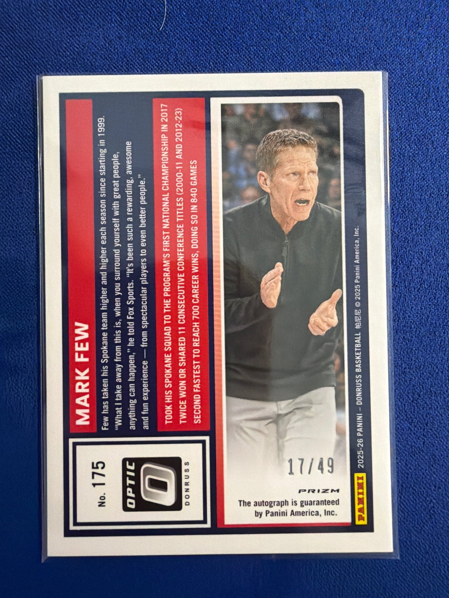 2025-26 Donruss Mark Few Silver Prizm Auto #/49 #175 Gonzaga Bulldogs