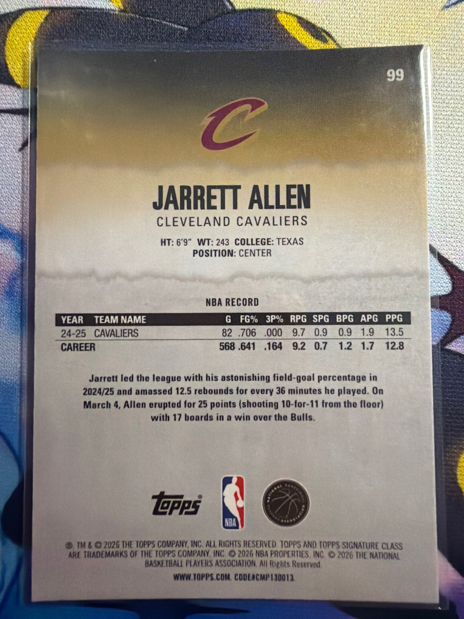 2025-26 Topps Signature Class Jarrett Allen Teal Parallel /225 #99 Cavs