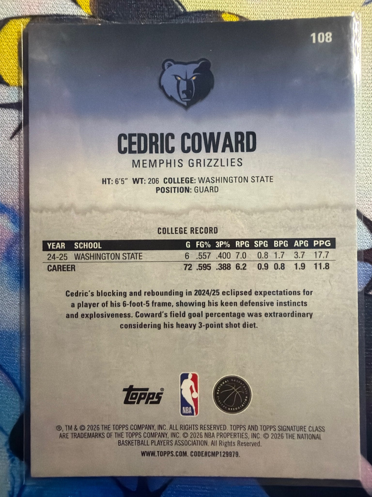 Topps Signature Cedric Coward Chrome Magenta Refractor /250 #108 Grizzlies RC