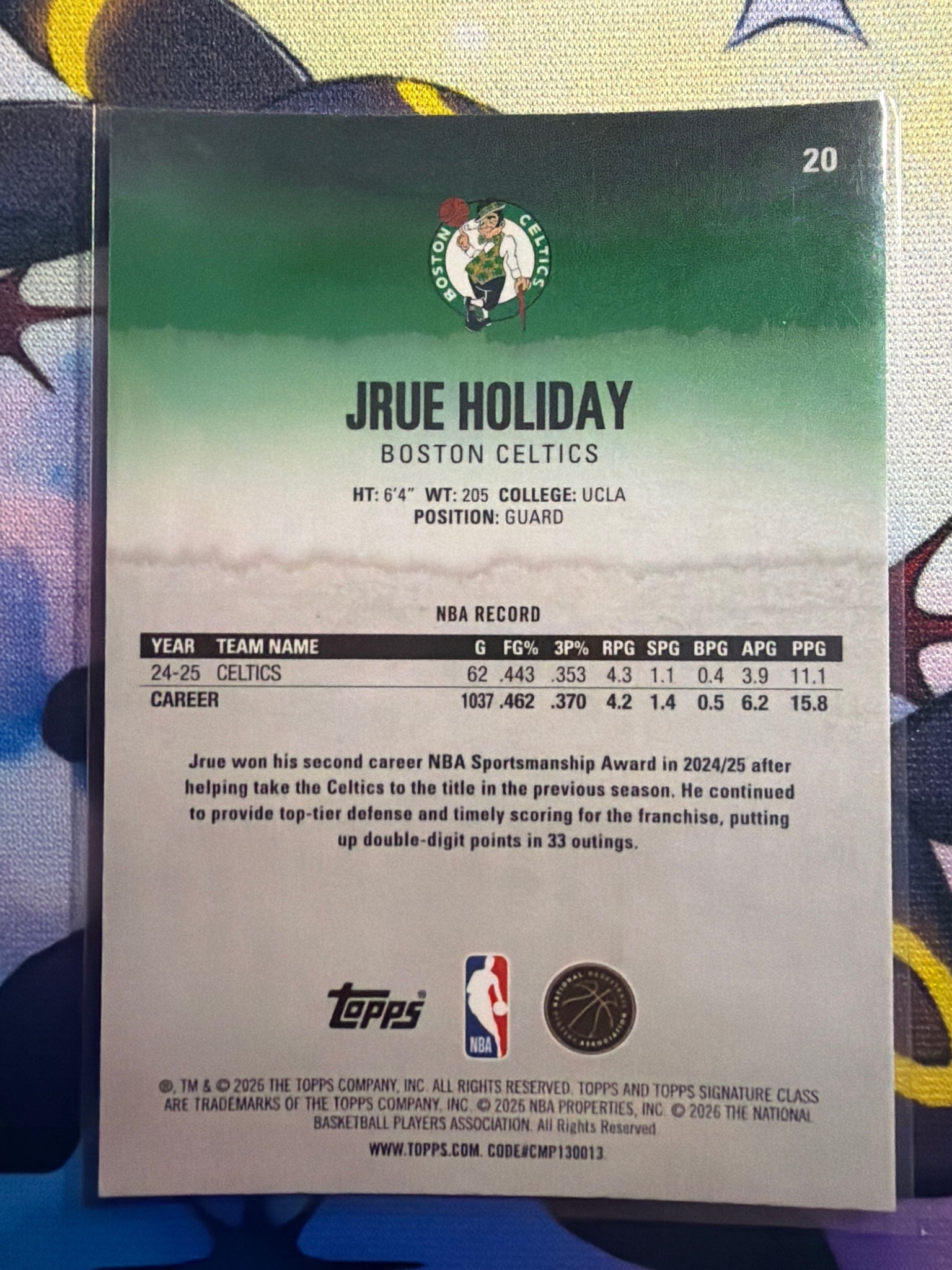 Topps Signature Jrue Holiday Chrome Magenta Refractor /250 #20 Celtics