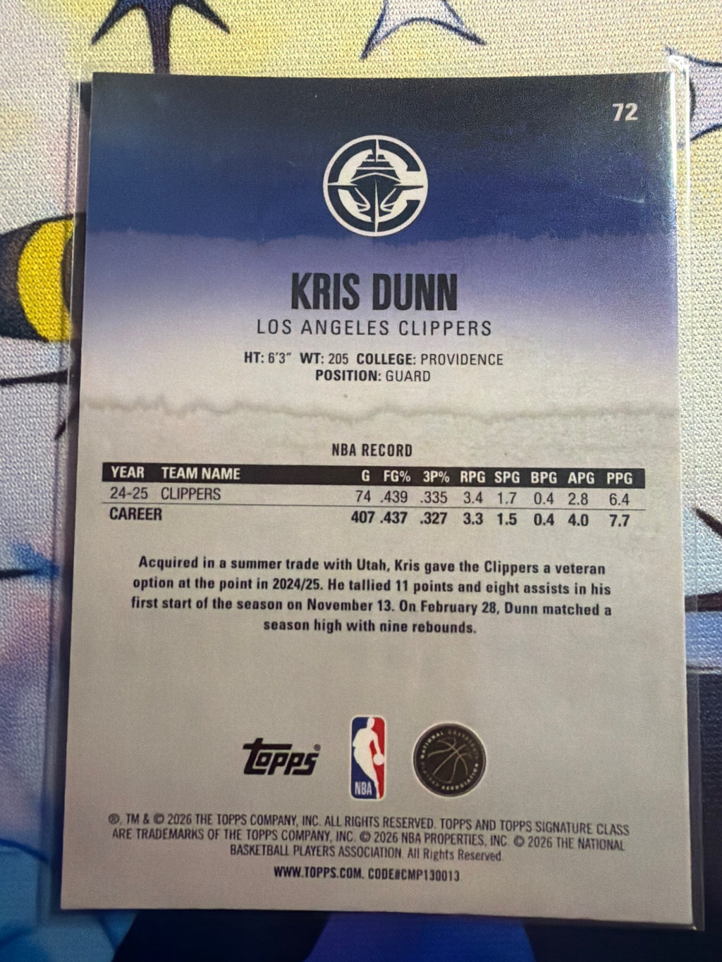 Topps Signature Kris Dunn Chrome Magenta Refractor /250 #72 Clippers