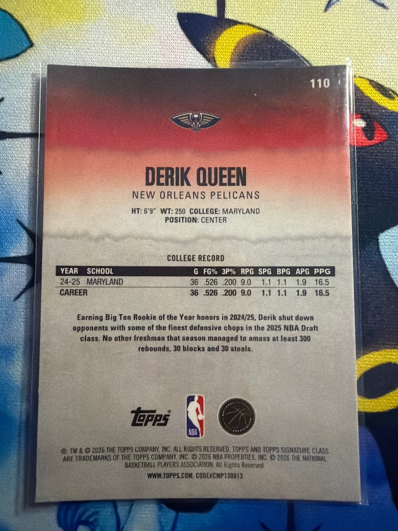 Topps Signature Derik Queen Chrome Yellow Refractor /275 #110 Pelicans RC