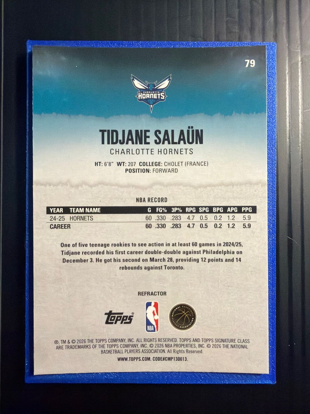 2025-26 Topps Signature Class Tidjane Salaun #79 Chrome Refractor RC Hornets