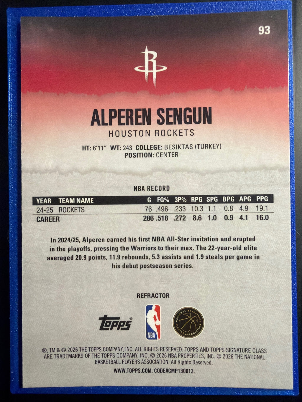 2025-26 Topps Signature Class Alperen Sengun #93 Chrome Refractor Rockets
