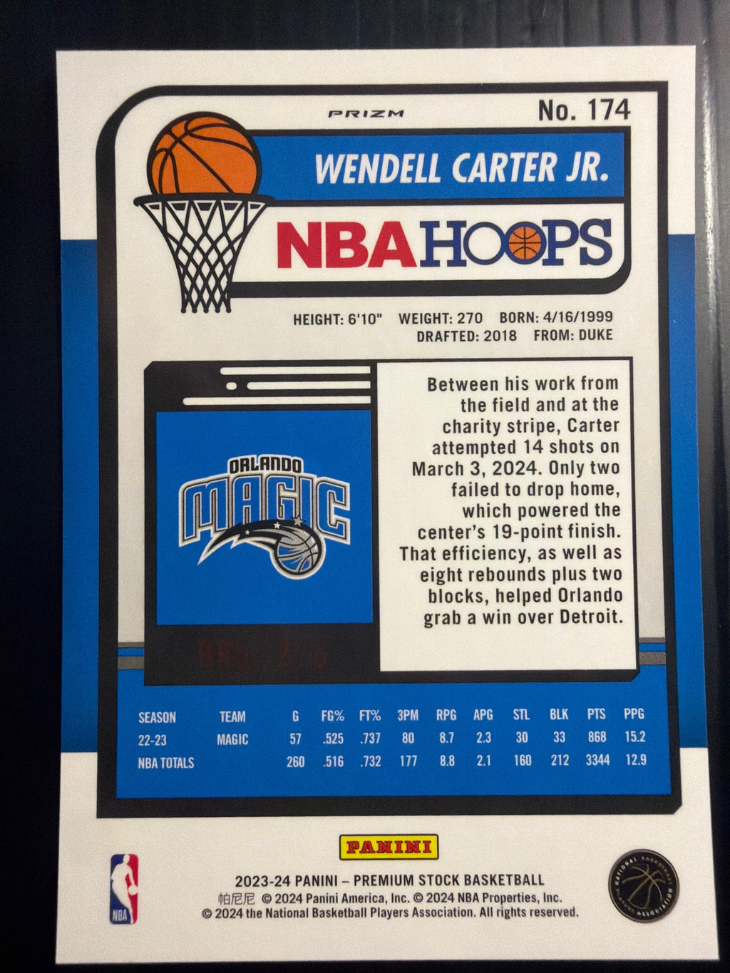 2023-24 Hoops Premium Stock #174 Wendell Carter Jr. Red Prizm #/275