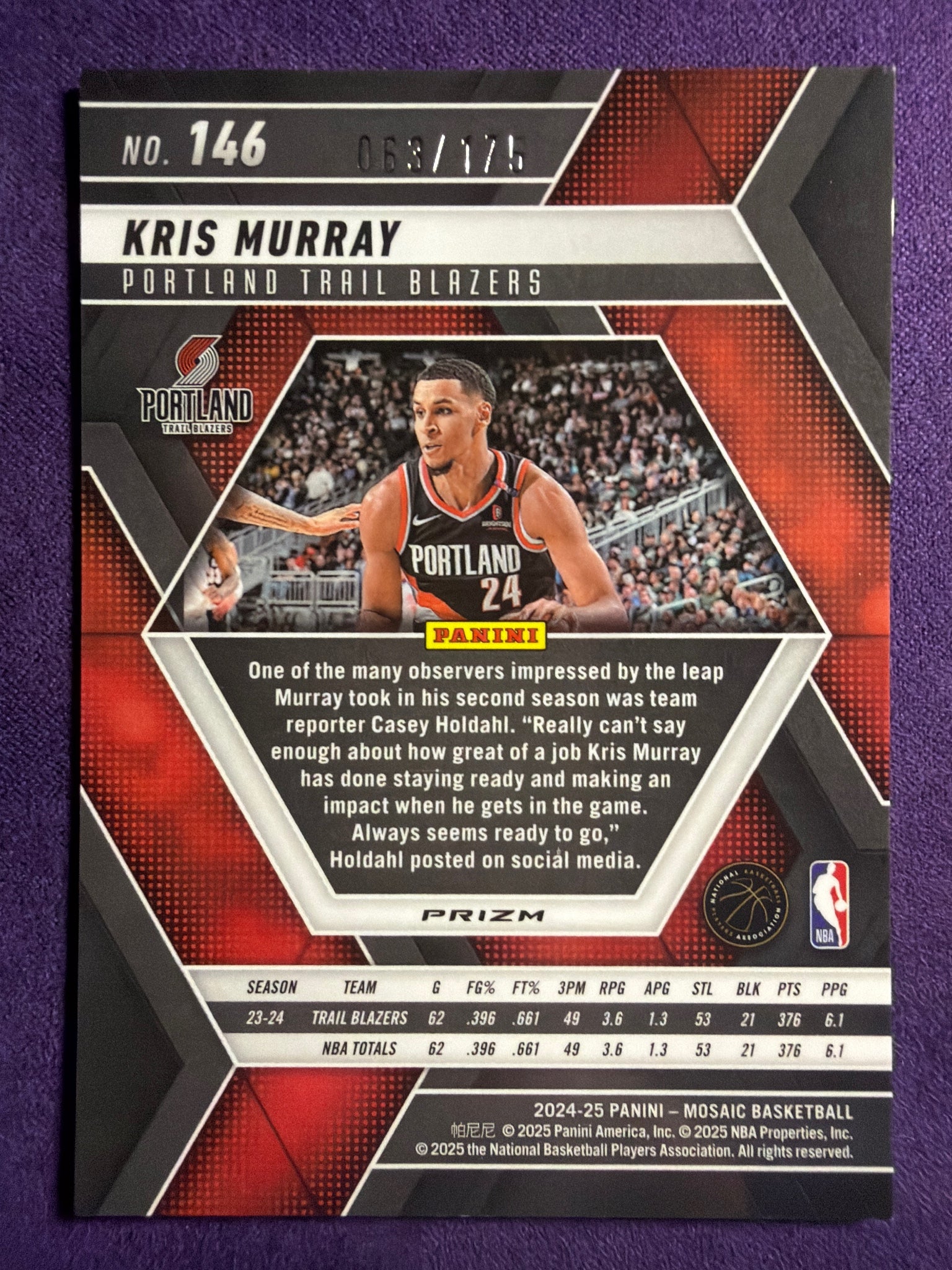 2024-25 Panini Mosaic Kris Murray Pink Mosaic Prizm /175 #146 Trail Blazers