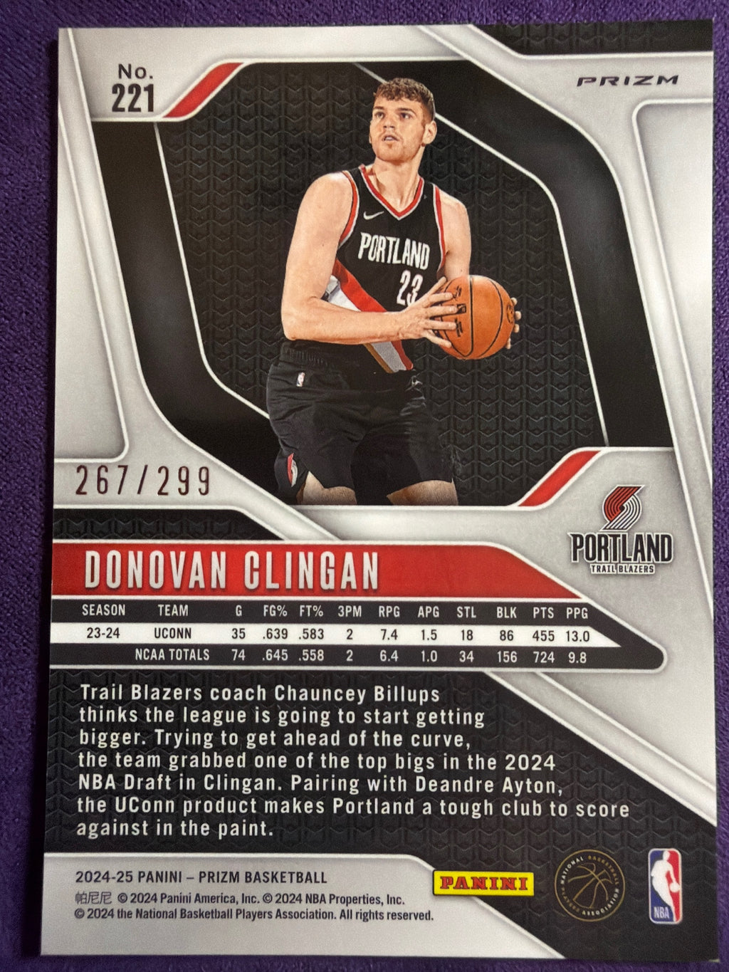 2024-25 Panini Prizm Donovan Clingan RC Red Seismic Prizm /299 #221  Blazers