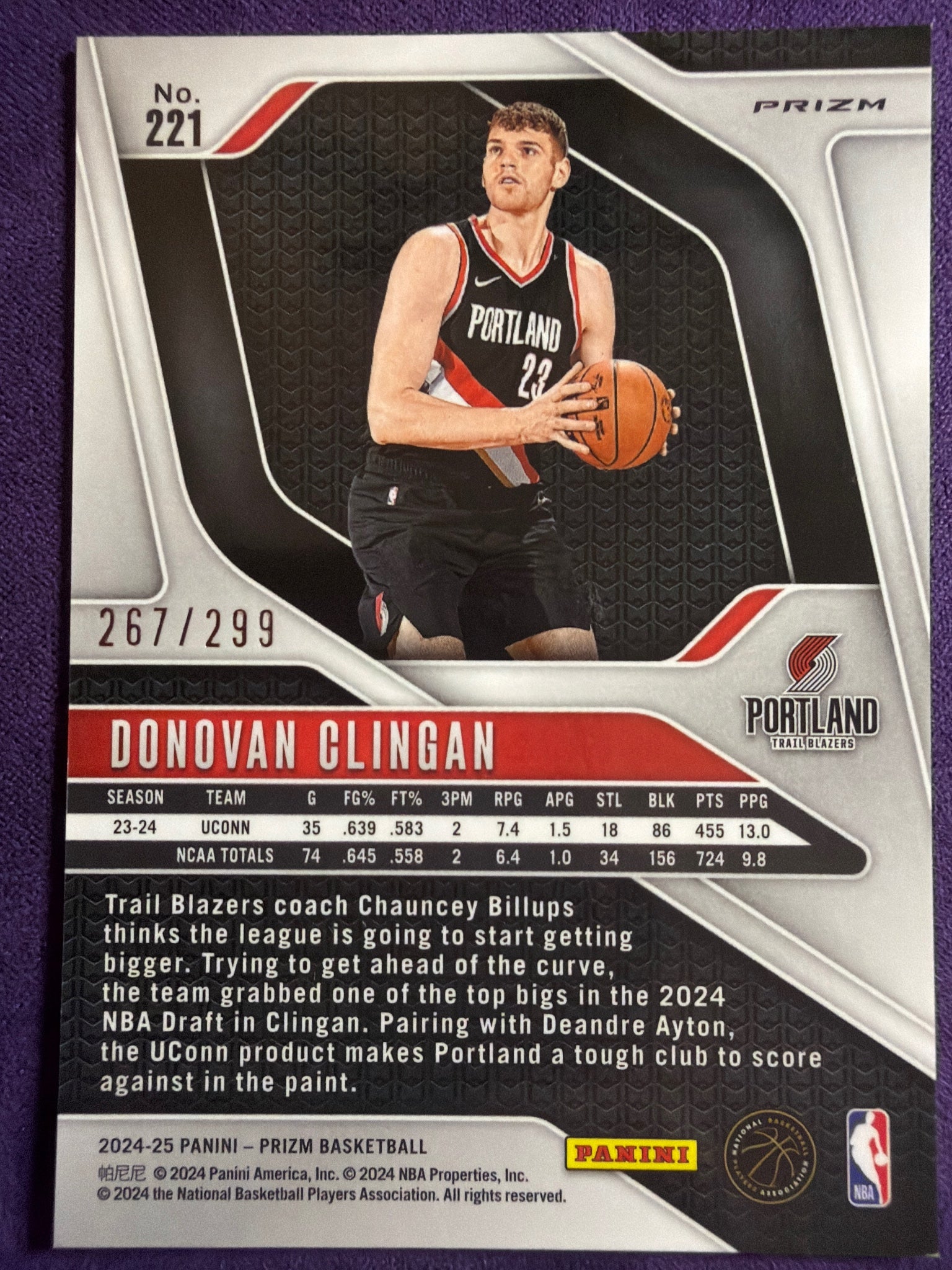 2024-25 Panini Prizm Donovan Clingan RC Red Seismic Prizm /299 #221  Blazers