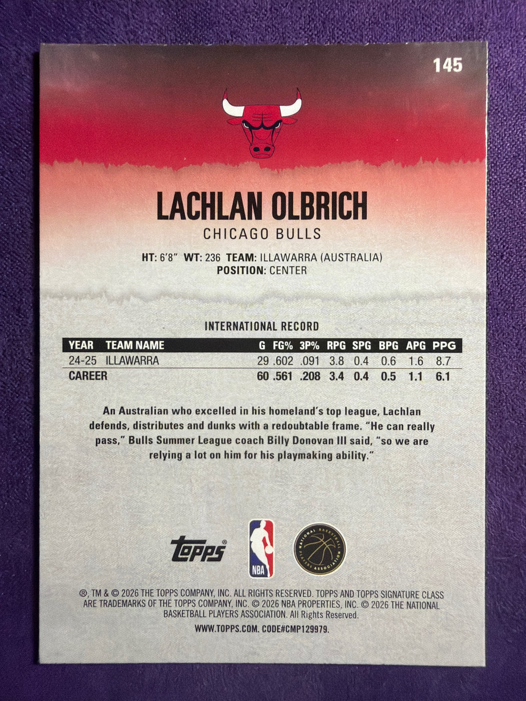 2025-26 Topps Signature Class Lachlan Olbrich RC Yellow #/399 #145 Bulls