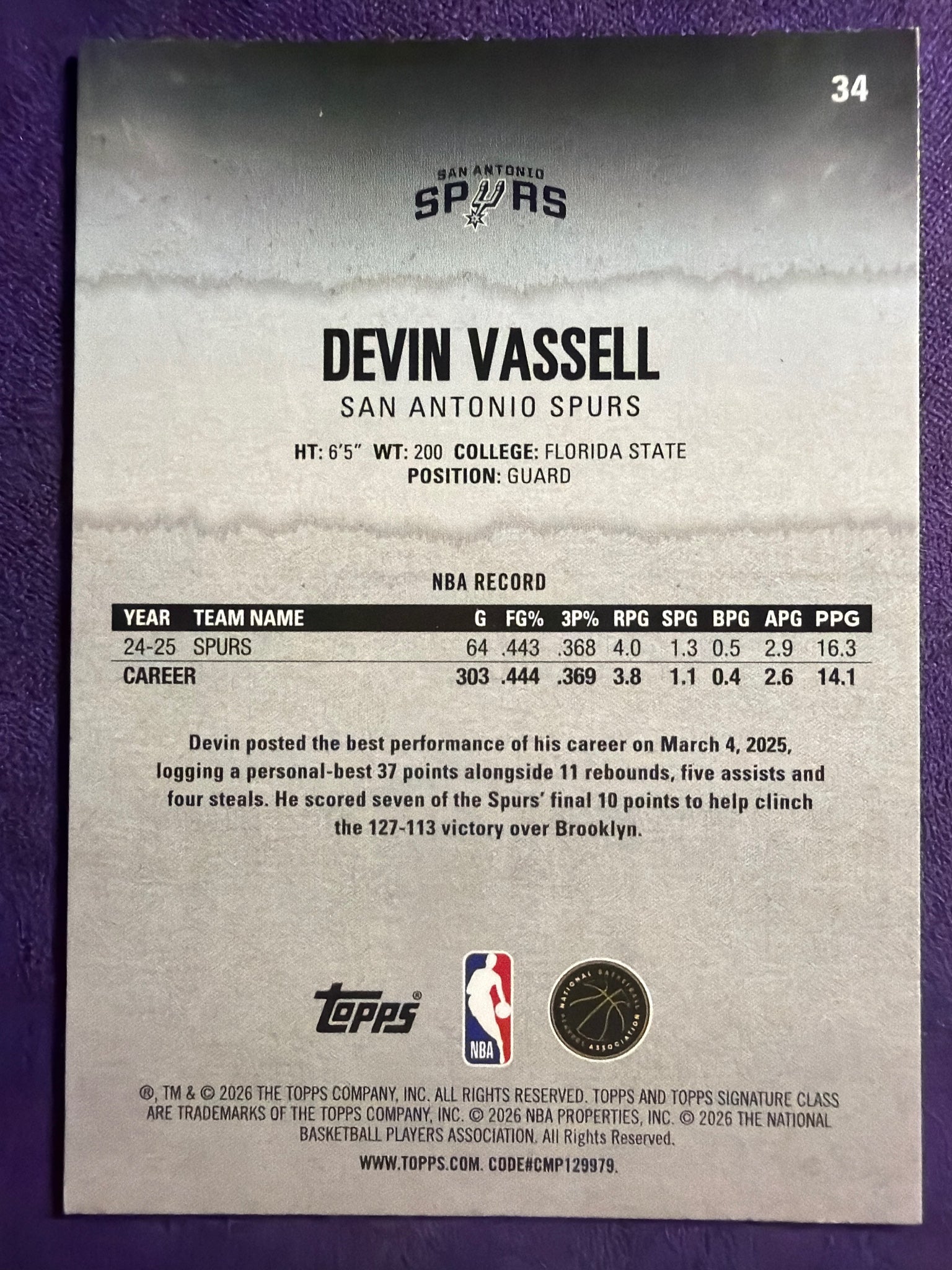2025-26 Topps Signature Class #34 Devin Vassell Coral #/299