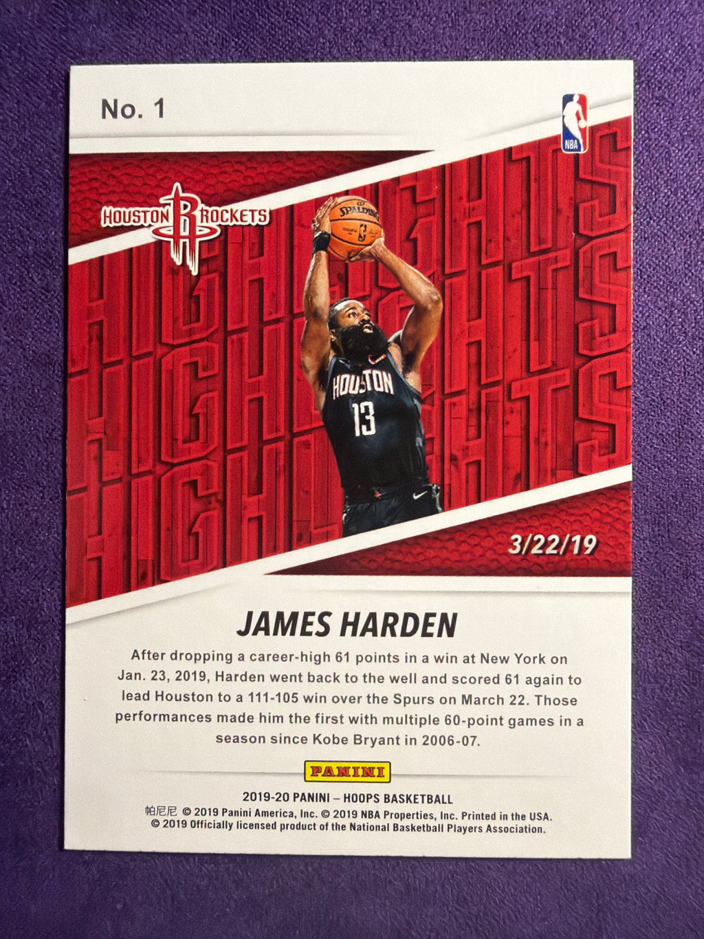 2019-20 NBA Hoops James Harden Highlights #1 Houston Rockets Insert