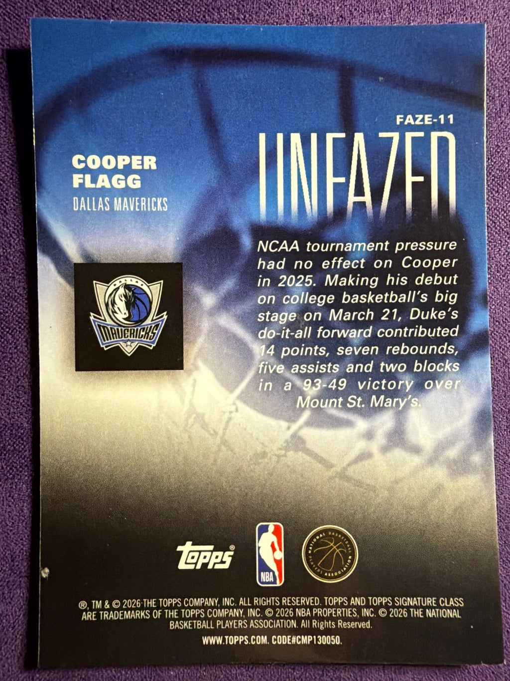 2025-26 Topps Signature Class Cooper Flagg Unfazed RC #FAZE-11 Mavericks Flaw