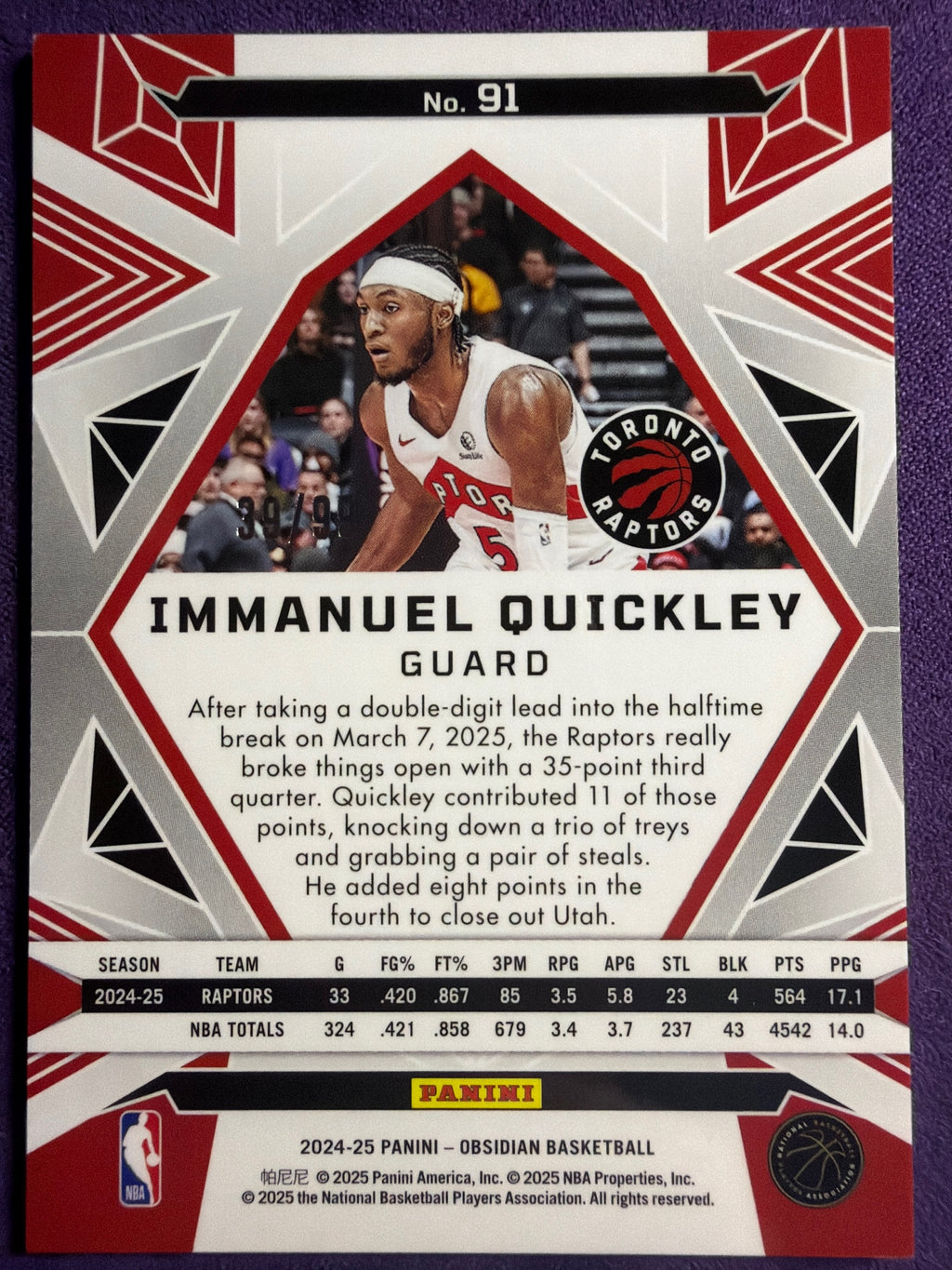 24-25 Obsidian Immanuel Quickley Electric Etch Bronze Flood /99 #91 Raptors