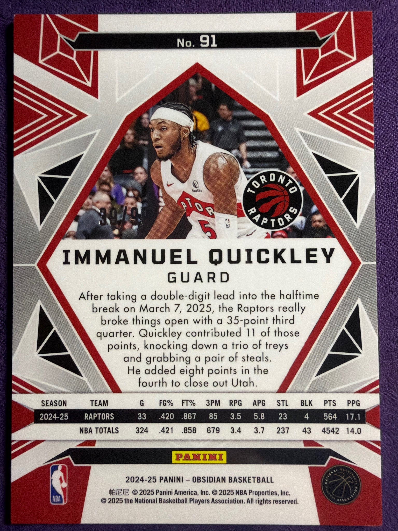 24-25 Obsidian Immanuel Quickley Electric Etch Bronze Flood /99 #91 Raptors