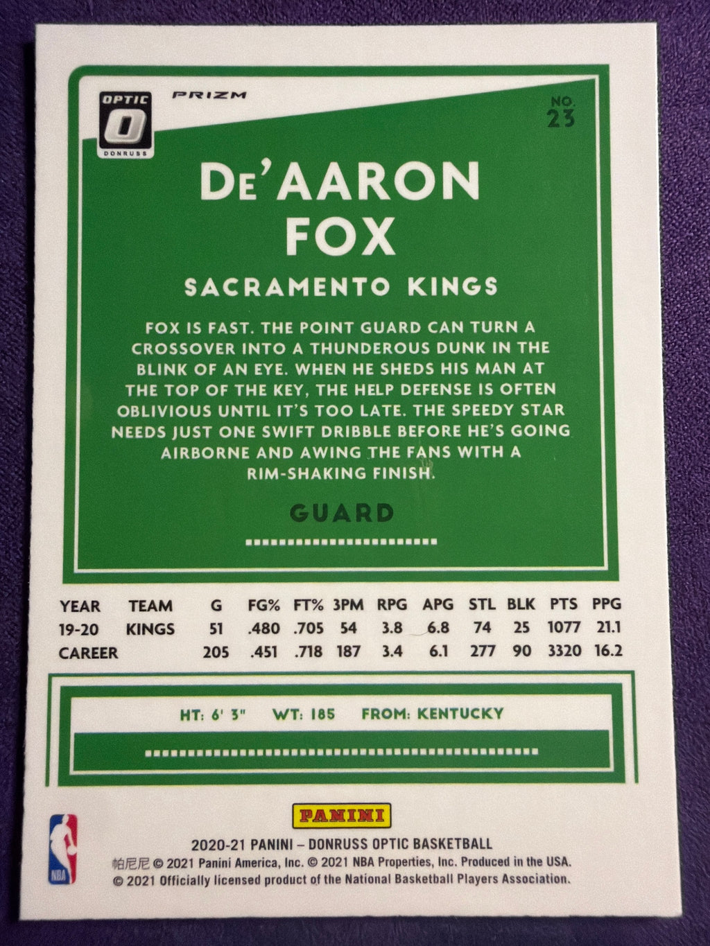 2020-21 Donruss Optic De'Aaron Fox Purple Prizm #23 Kings