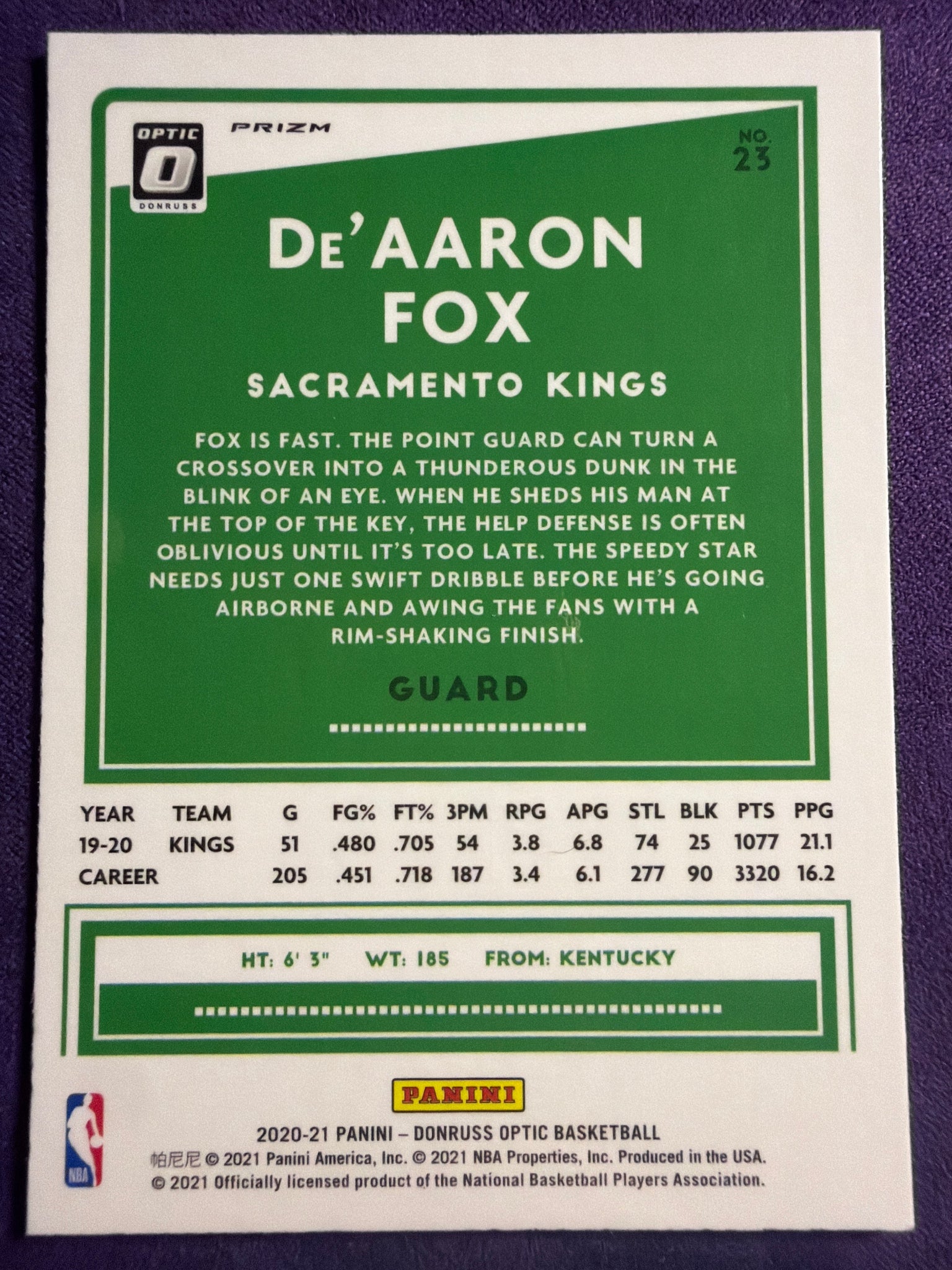 2020-21 Donruss Optic De'Aaron Fox Purple Prizm #23 Kings