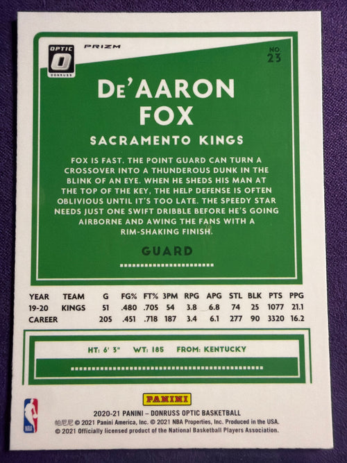 2020-21 Donruss Optic De'Aaron Fox Purple Prizm #23 Kings