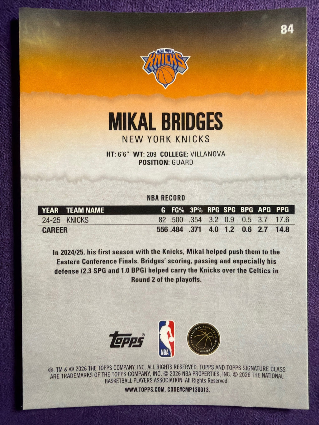 2025-26 Topps Signature Class Mikal Bridges Chrome Pandora Refractor #84 Knicks