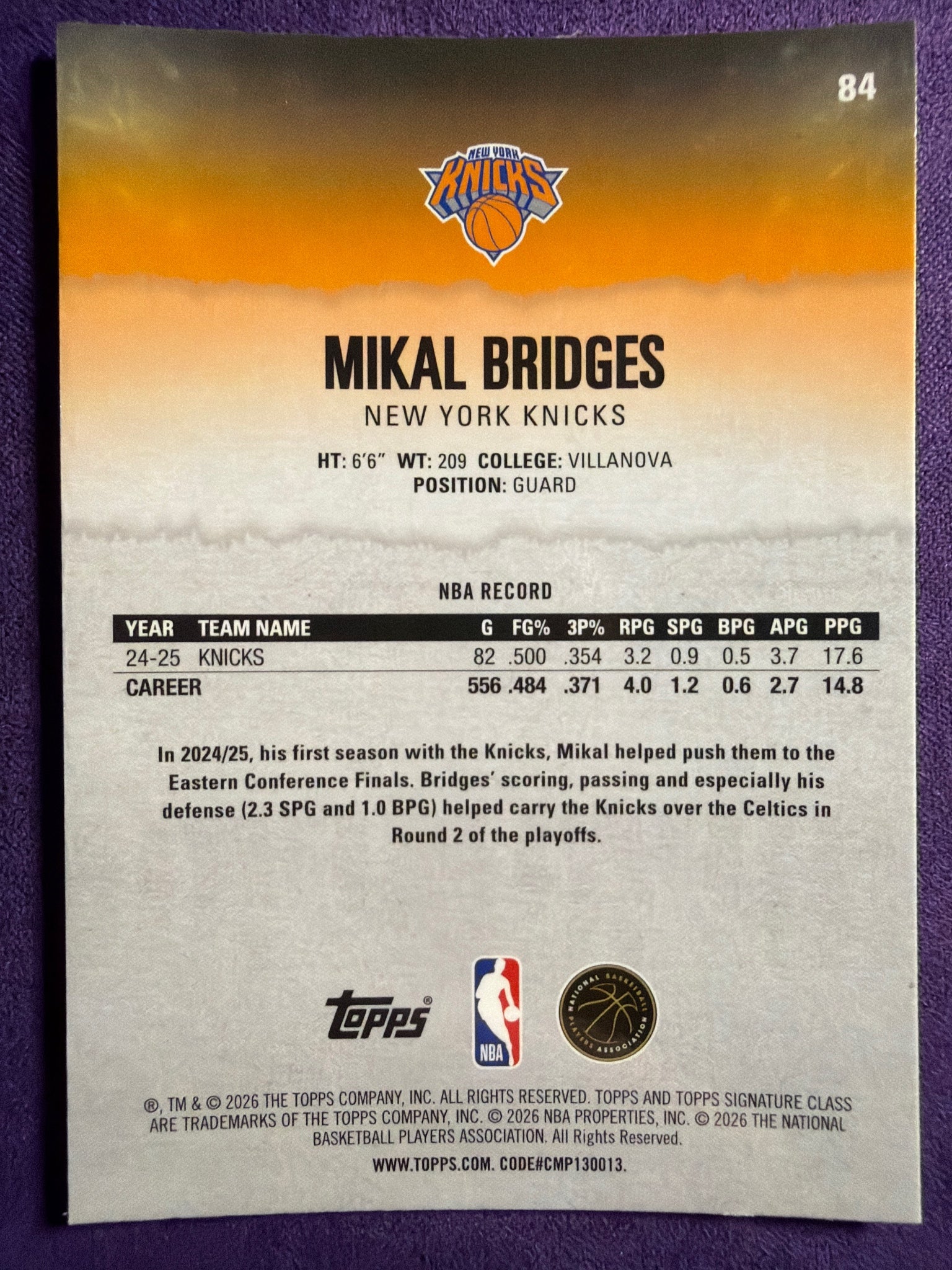 2025-26 Topps Signature Class Mikal Bridges Chrome Pandora Refractor #84 Knicks