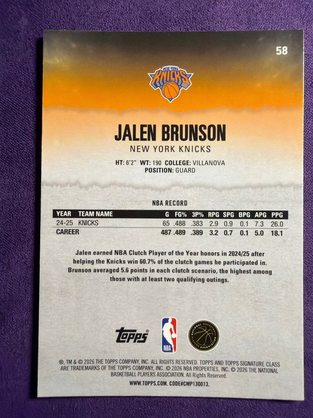 2025-26 Topps Signature Class Jalen Brunson Chrome #58 Knicks