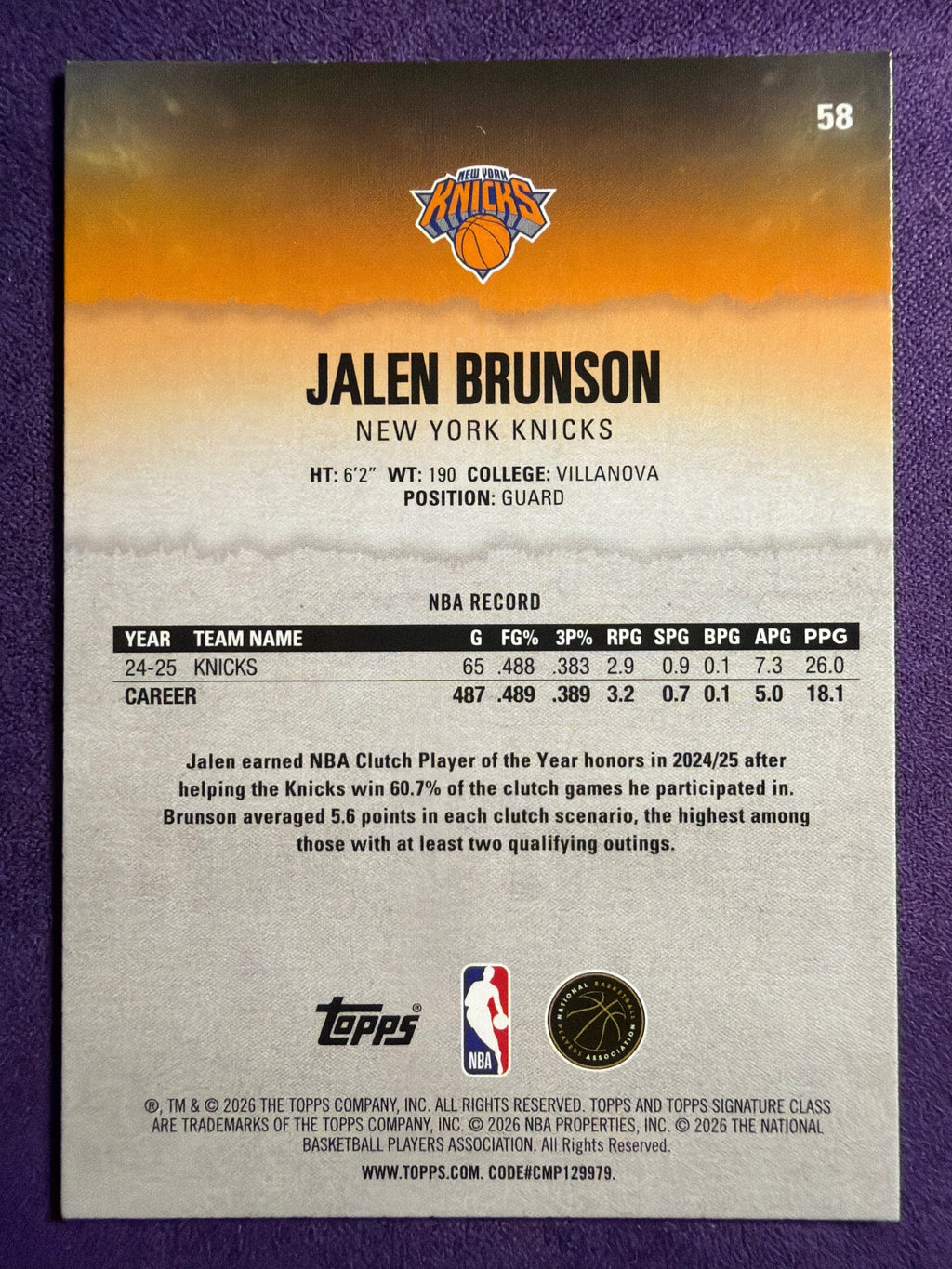 2025-26 Topps Signature Class Jalen Brunson Blue & Orange #58 Knicks Parallel