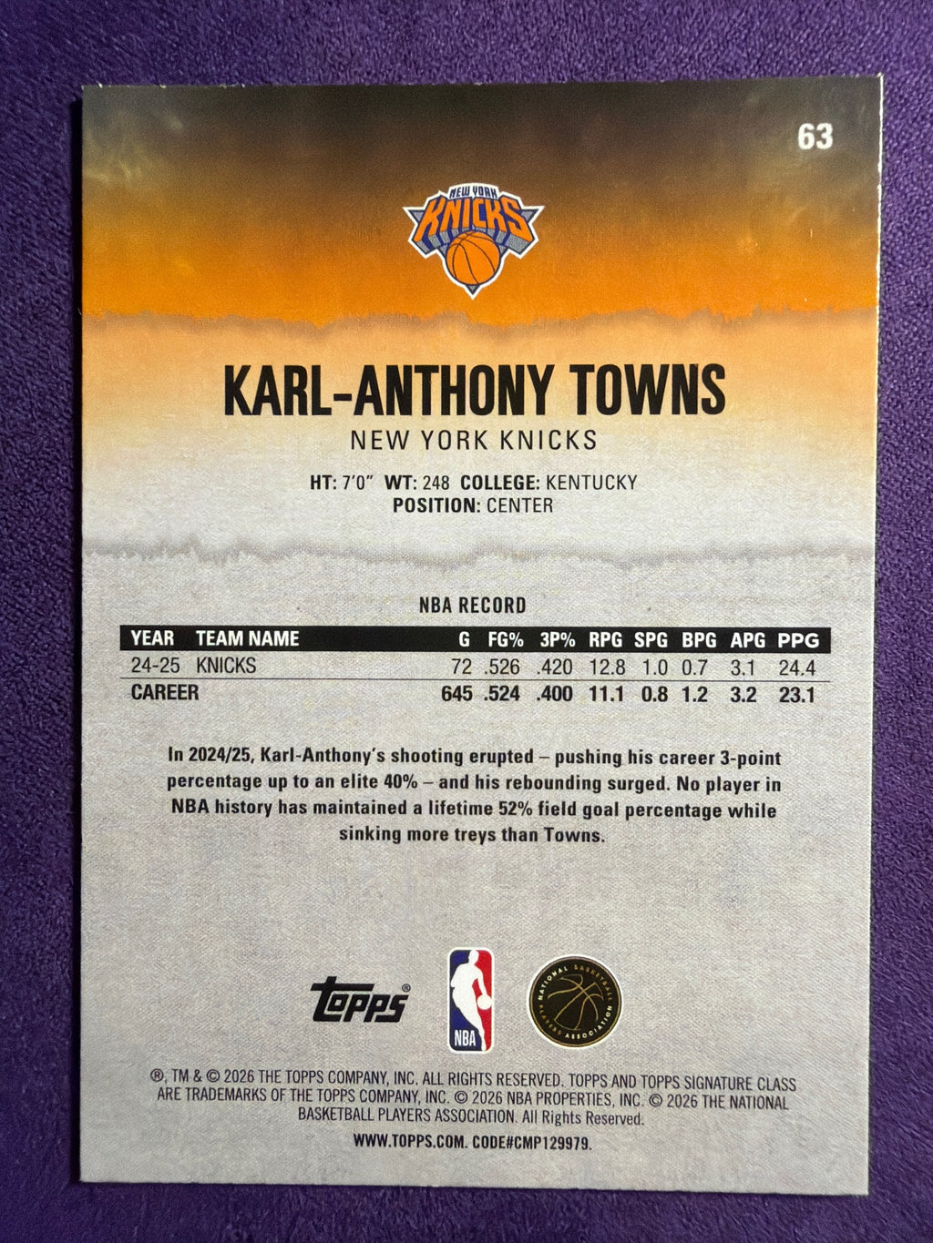 25-26 Topps Signature Class Karl-Anthony Towns Blue & Orange #63 Knicks Parallel