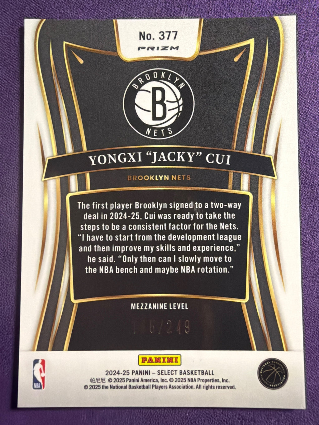 2024-25 Panini Select Yongxi Jacky Cui Purple Flash Prizm #377 /249 Nets RC