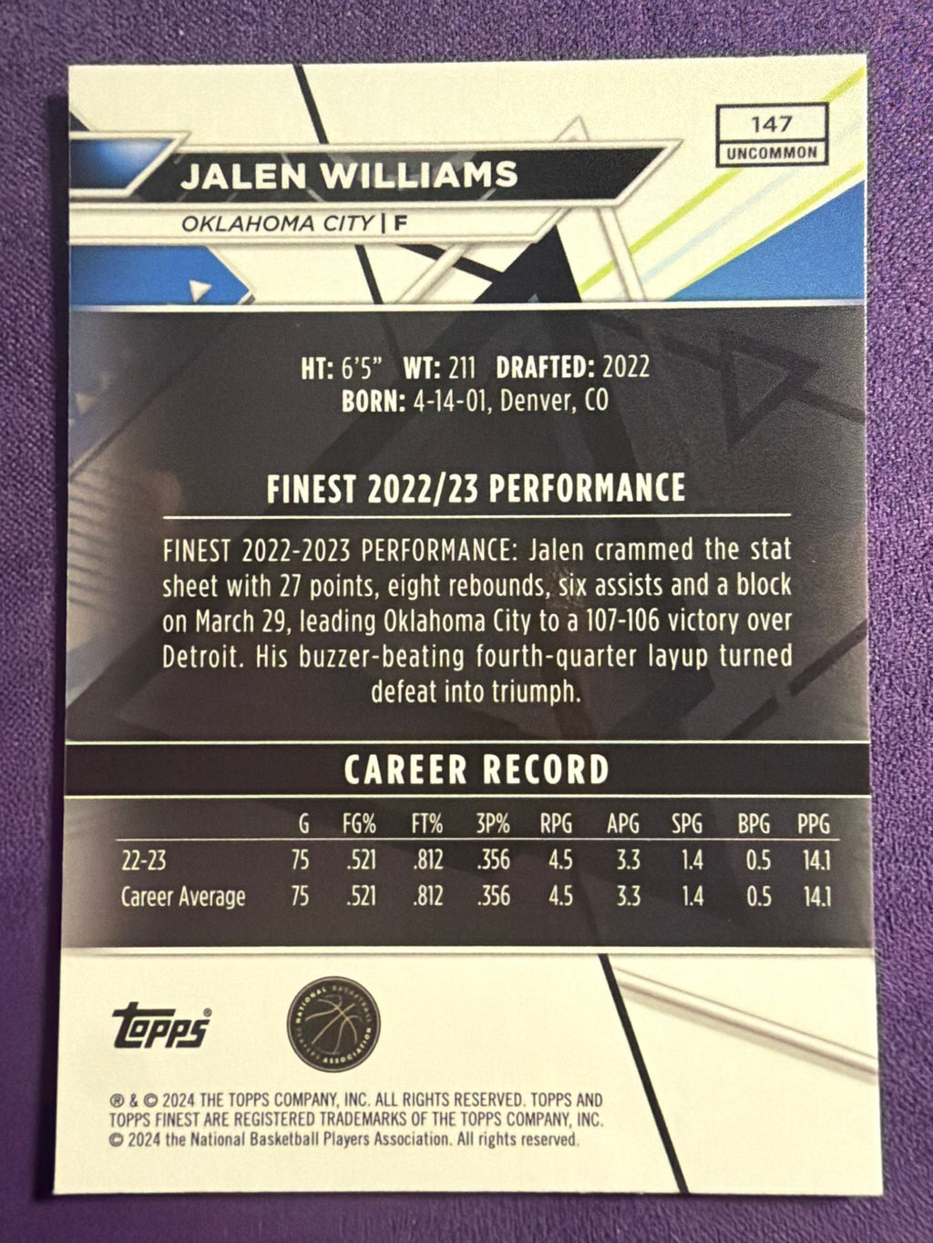 2023-24 Topps Finest Jalen Williams Purple Checkerboard Refractor #147 /99 OKC