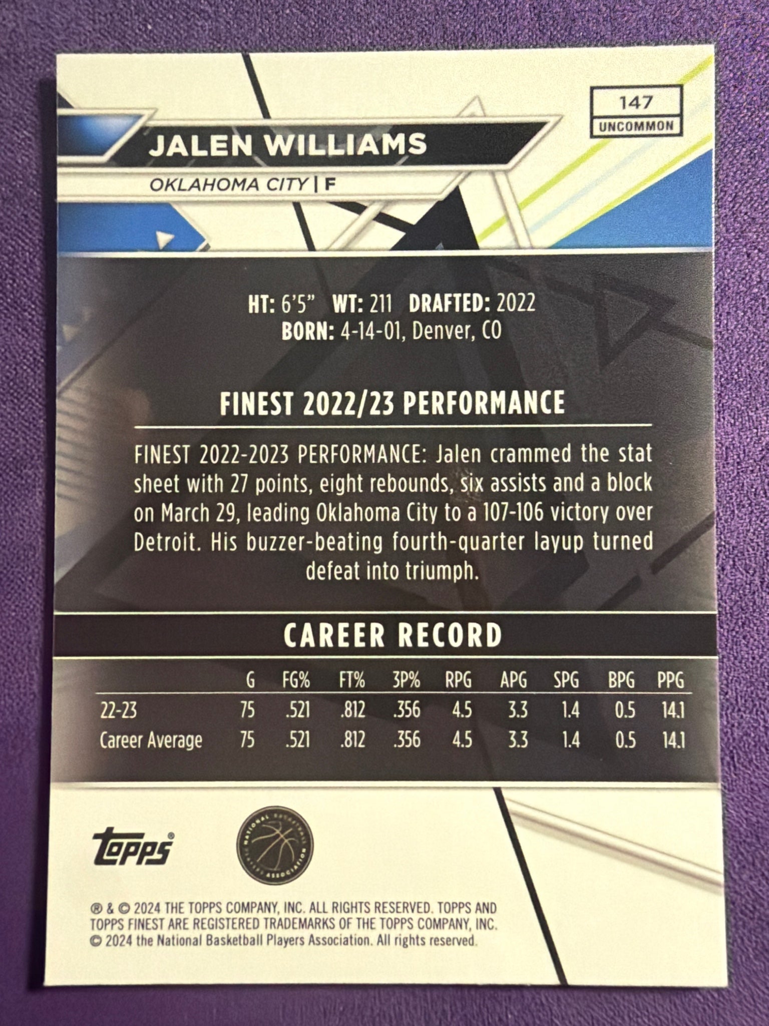 2023-24 Topps Finest Jalen Williams Purple Checkerboard Refractor #147 /99 OKC