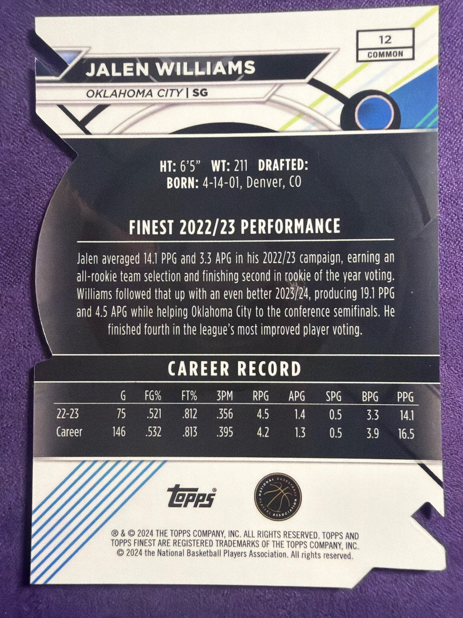 2023-24 Topps Finest Jalen Williams Purple Checkerboard Refractor #147 /99 OKC