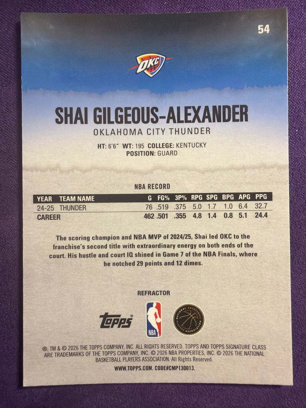 2025-26 Topps Signature Class Shai Gilgeous-Alexander Chrome Refractor #54 OKC