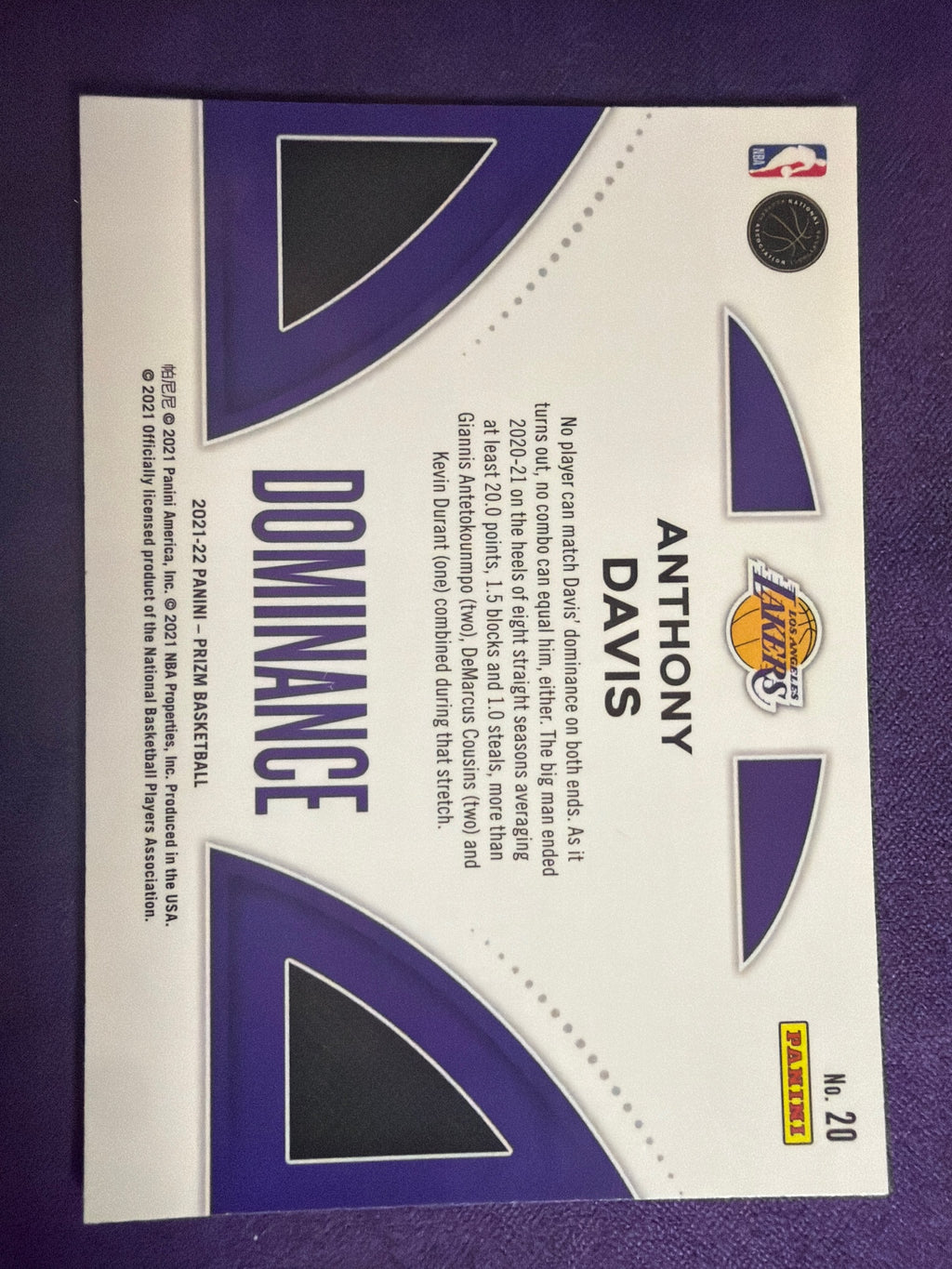 2021-22 Panini Prizm Anthony Davis Dominance Insert #20 LA Lakers