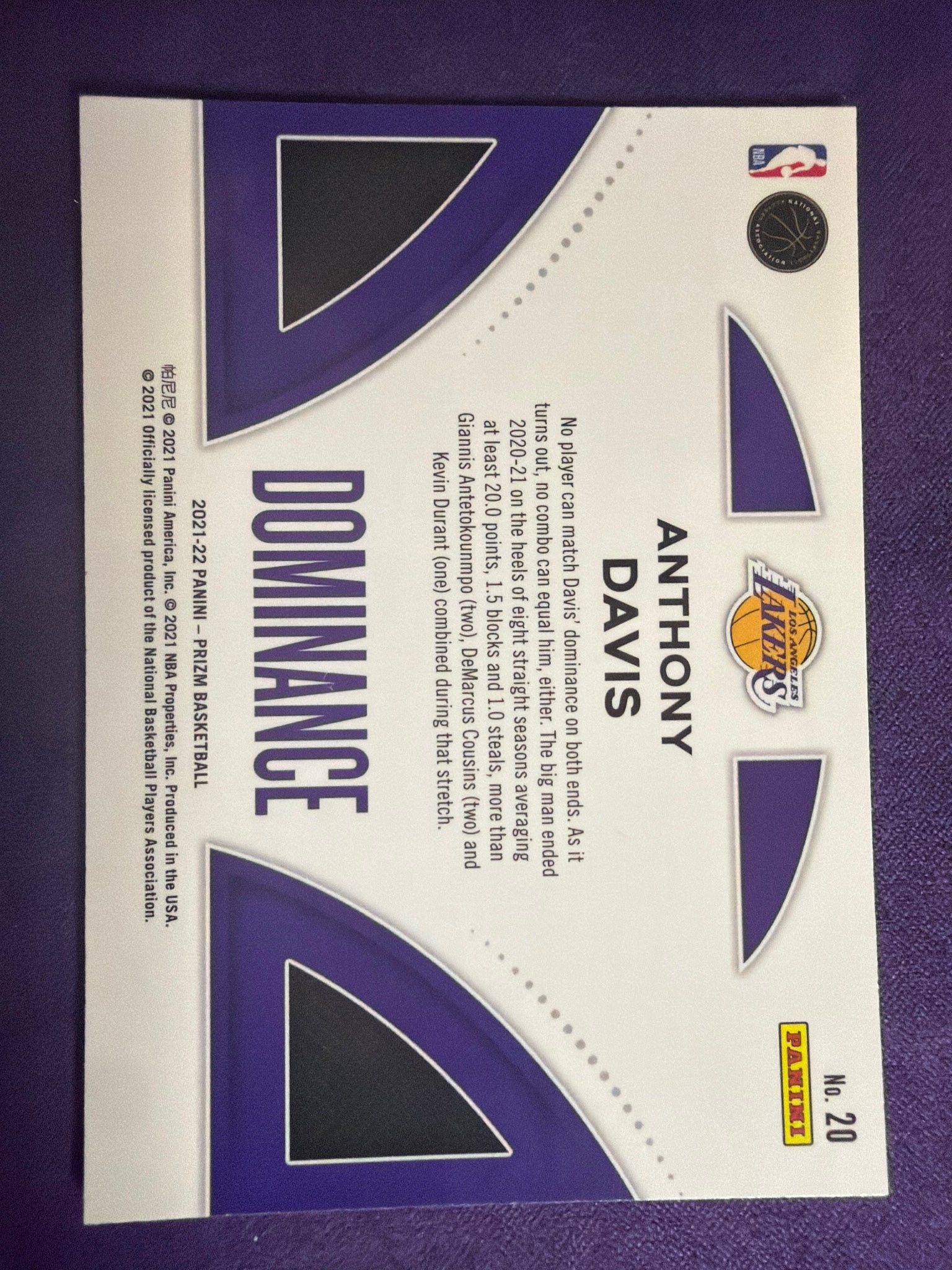 2021-22 Panini Prizm Anthony Davis Dominance Insert #20 LA Lakers