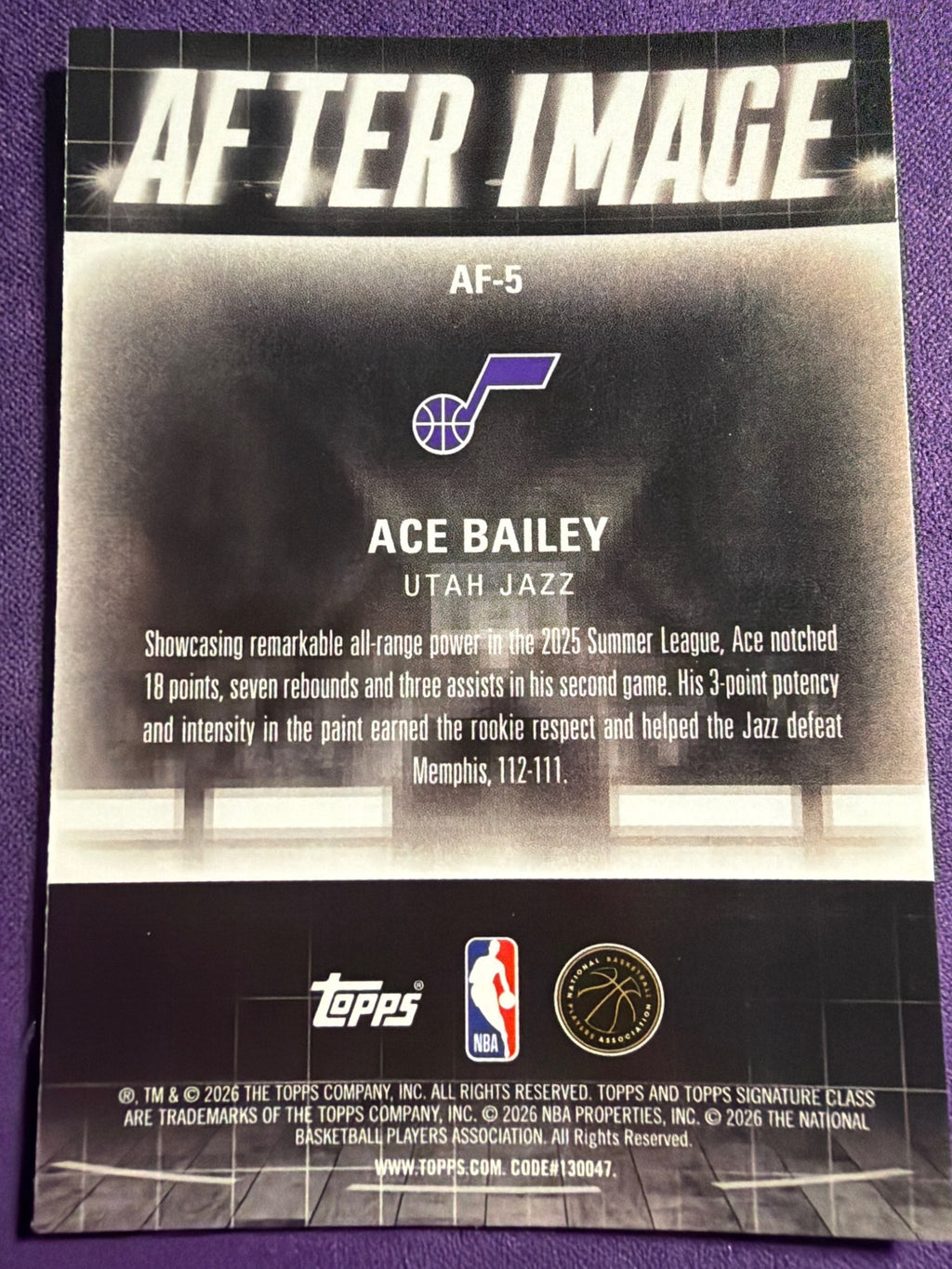 2025-26 Topps Signature Class Ace Bailey After Image #AF-5 Utah Jazz RC