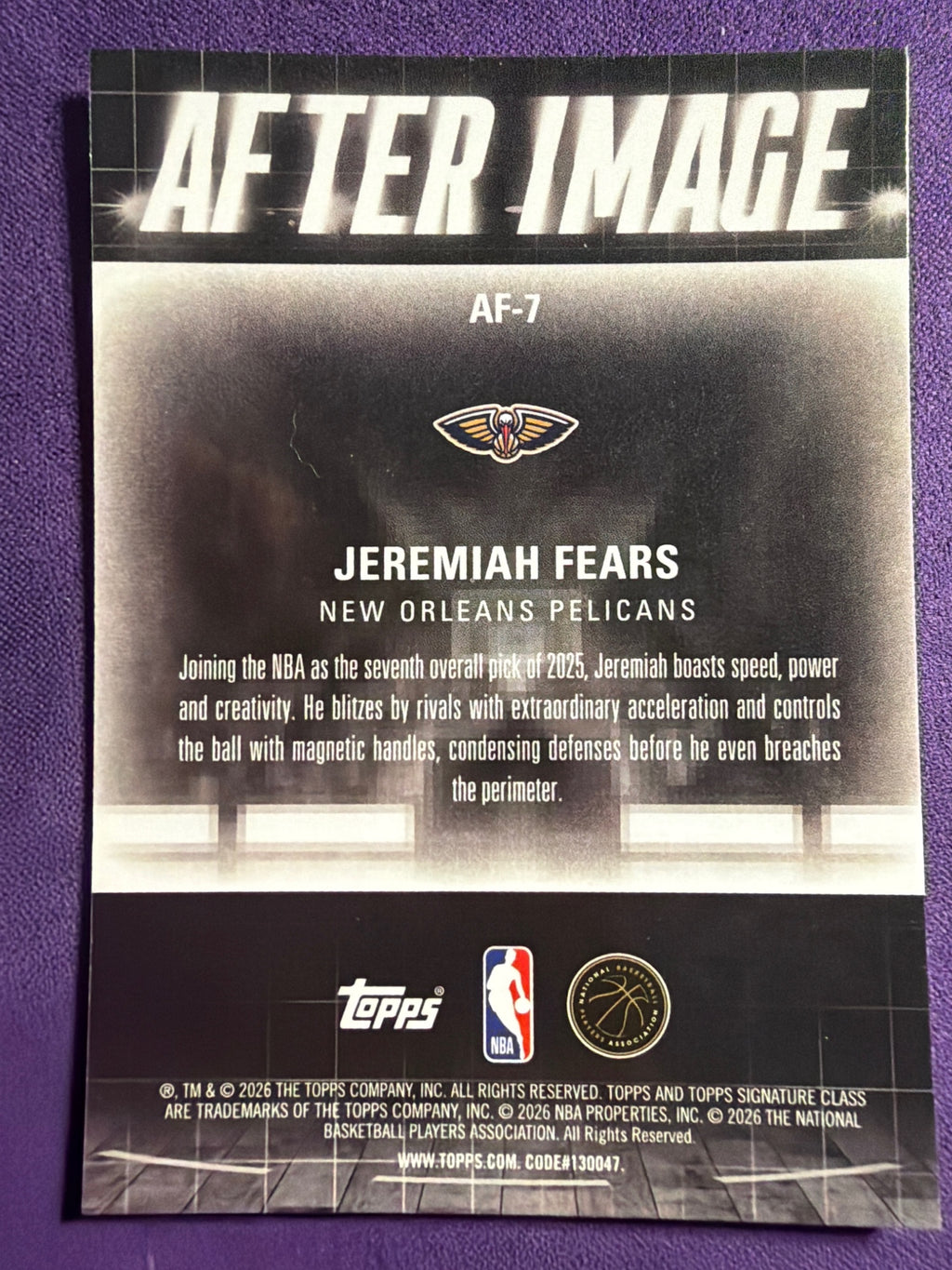 2025-26 Topps Signature Class Jeremiah Fears After Image #AF-7 Pelicans RC