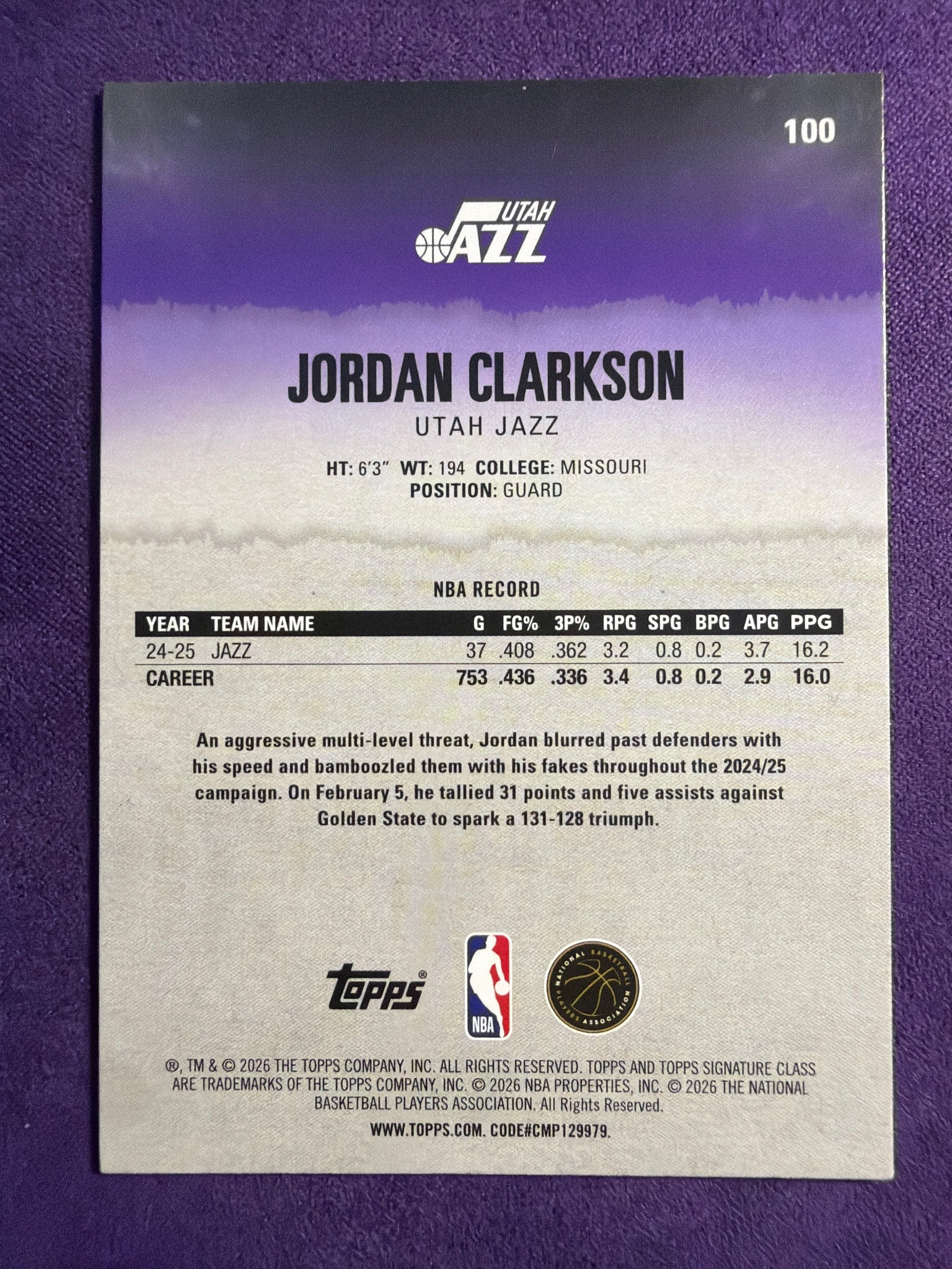 2025-26 Topps Signature Class Jordan Clarkson Bronze Parallel #100 Jazz