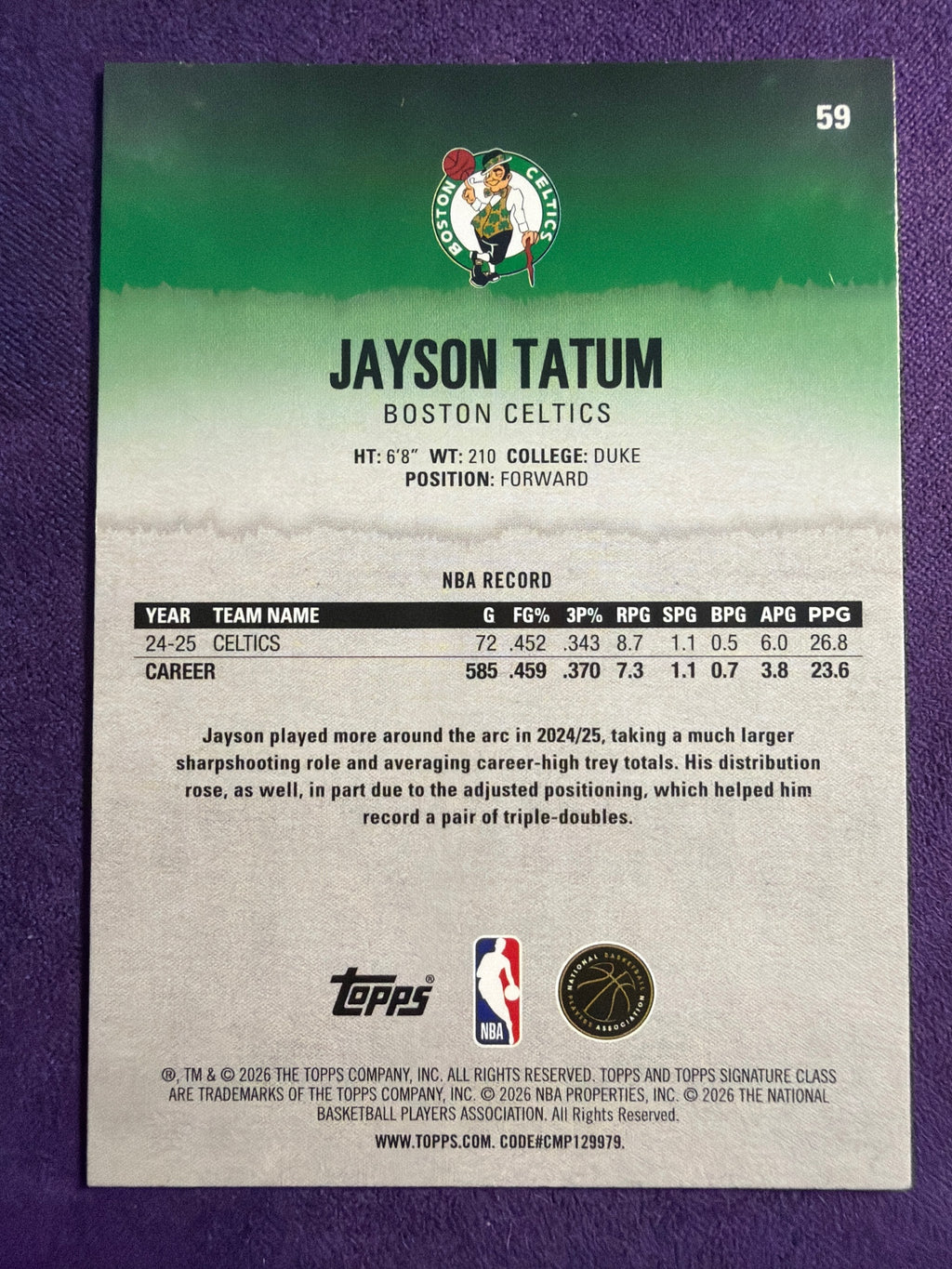 2025-26 Topps Signature Class Jayson Tatum Bronze Parallel #59 Celtics