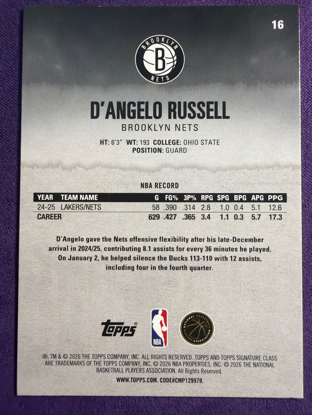 2025-26 Topps Signature Class D'Angelo Russell Bronze Parallel #16 Nets SP